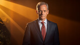 Portrait d'un homme d'affaires, fond orange, rayons lumineux.