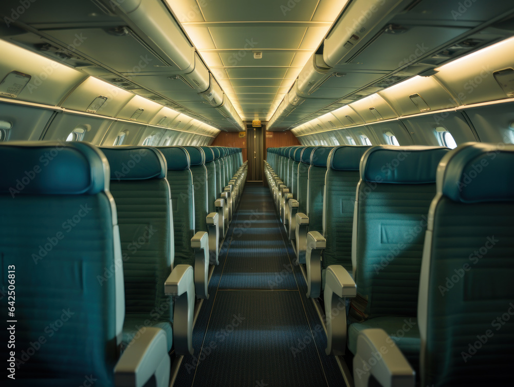 Obraz premium Commercial aircraft cabin with rows of empty passenger seat