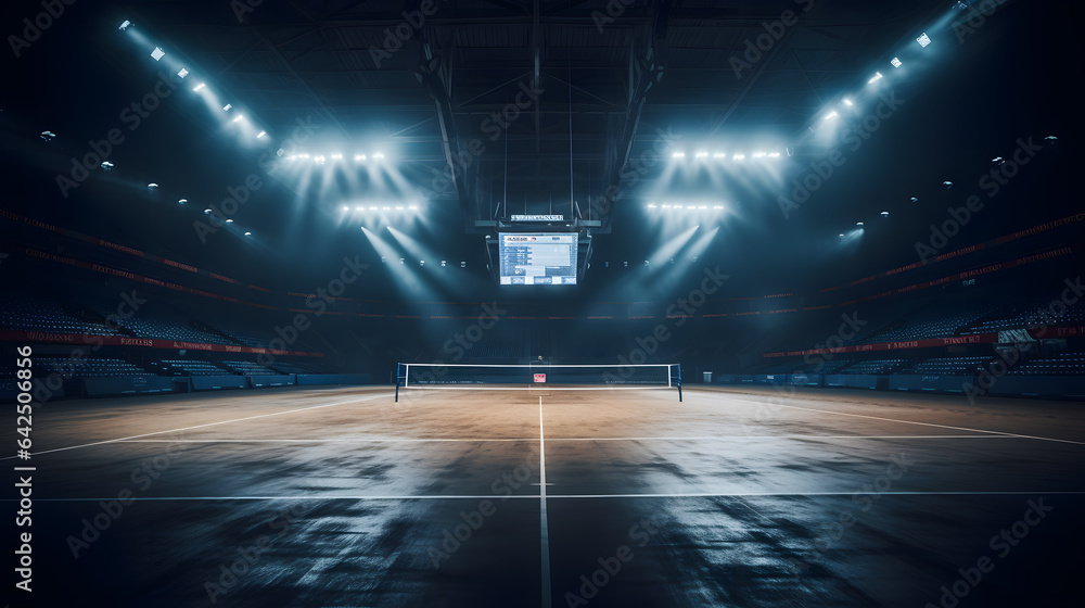arafed tennis court with lights and a net in the middle Generative AI - obrazy, fototapety, plakaty 