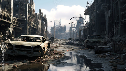 Hyperreal Post-Apocalyptic Urban Decay: Ultra-Realistic Scene with Devastated Buildings, Charred Vehicles, and Decrepit Roads.