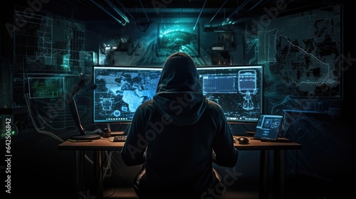 Anonymous Hacker in Hoodie Engrossed in Deciphering Intricate Lines of Code, Seated in Front of Commanding Monitor with Back Presented in Half-Turn