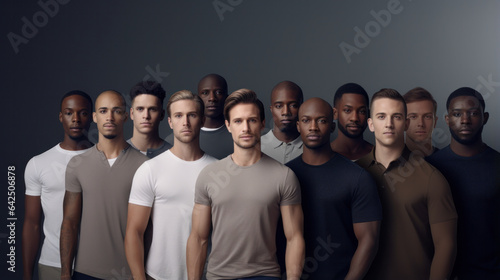 Multicultural Male Unity: Diverse Group of Confident Men Embrace the Beauty of Diversity in Studio Setting, Isolated on Gray Background.