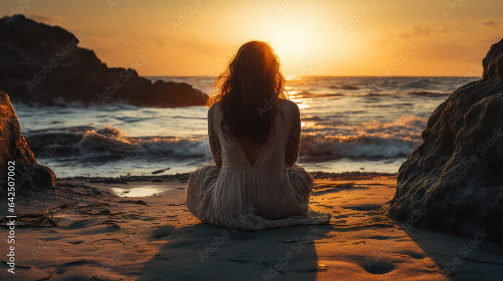 Fototapeta premium Stressed and alone young woman on beach, AI Generative