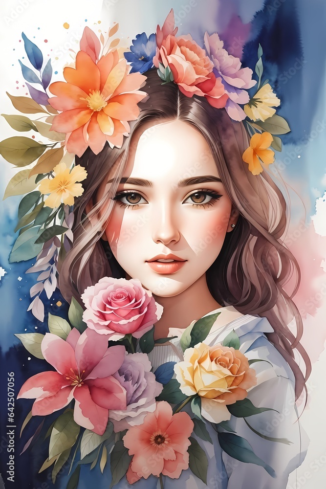Girl with flowers watercolor young woman with flowers portrait art. Colorful creative watercolor illustration. Girl with flowers watercolor young woman with flowers portrait art. Colorful creative watercolor illustration.