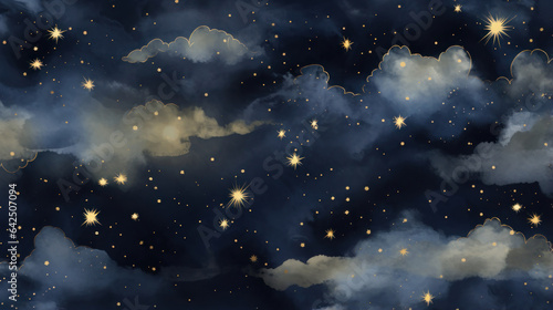 Night sky with gold foil constellations  stars  and watercolor clouds in a seamless pattern.