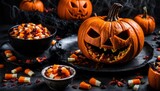 Halloween Party Food with Spooky Atmospheric Decorations. Yummy Trick or Treat Meal Composition Background. Carved Pumpkin with Candy Corn