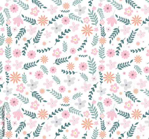 Beautiful seamless vintage floral pattern with flower and green leaves. Vector texture. Trend print for textiles and wallpaper on isolated white background. © mchakraborty08