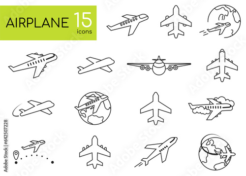 Airport Line Icons Editable Stroke. Plane icons set, passenger airplane, aircraft thin line design. Editable move.