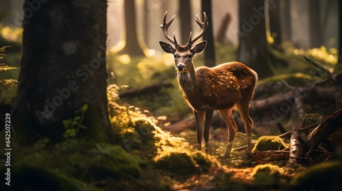 Deer standing in front of Trees in a green Forest. Sunlight falling through the Leaves.