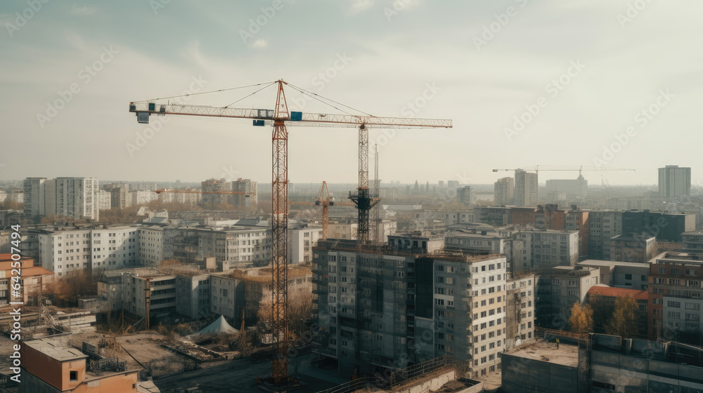 Fototapeta premium Construction site with a tower crane. Construction of residential buildings. Panoramic view of the construction of skyscrapers. Landscape with a modern city.