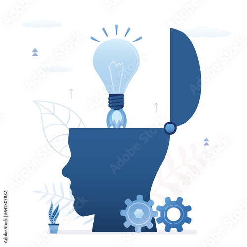 Silhouette of human head with light bulb launch. Concept of brainstorming, idea, mind boost. Startup development, pitching ideas. Founder launch successful new project.