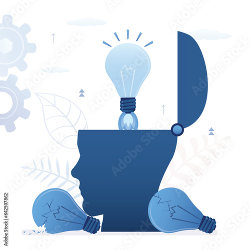 Silhouette of human head with lightbulb launch. Brainstorming, idea, mind boost. Broken light bulbs motivate to create and come up with new successful ideas. Startup development, pitching idea.