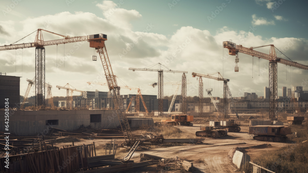 Construction site with a tower crane. Construction of residential buildings. Panoramic view of the construction of skyscrapers. Landscape with a modern city.
