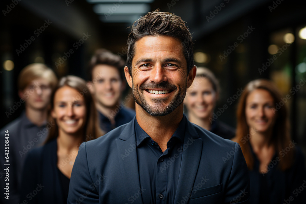 Ai Generative group of happy business man and business women, dressed in suits are smiling, in the office Ai Generative group of happy business man and business women, dressed in suits are smiling, in the office