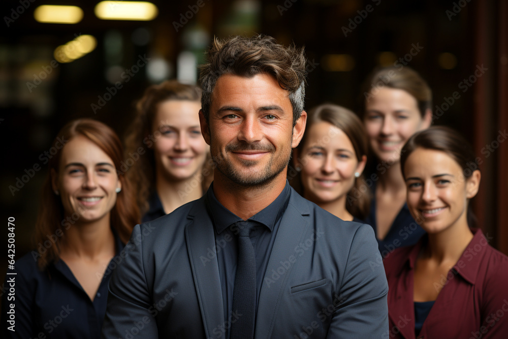 Ai Generative group of happy business man and business women, dressed in suits are smiling, in the office Ai Generative group of happy business man and business women, dressed in suits are smiling, in the office