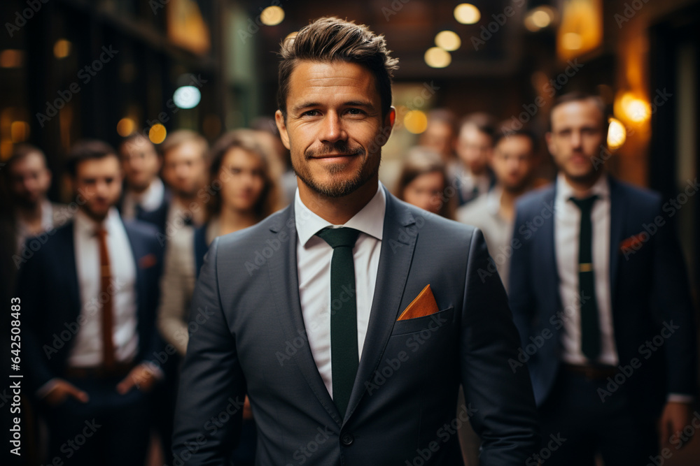 Ai Generative group of happy business man and business women, dressed in suits are smiling, in the office Ai Generative group of happy business man and business women, dressed in suits are smiling, in the office