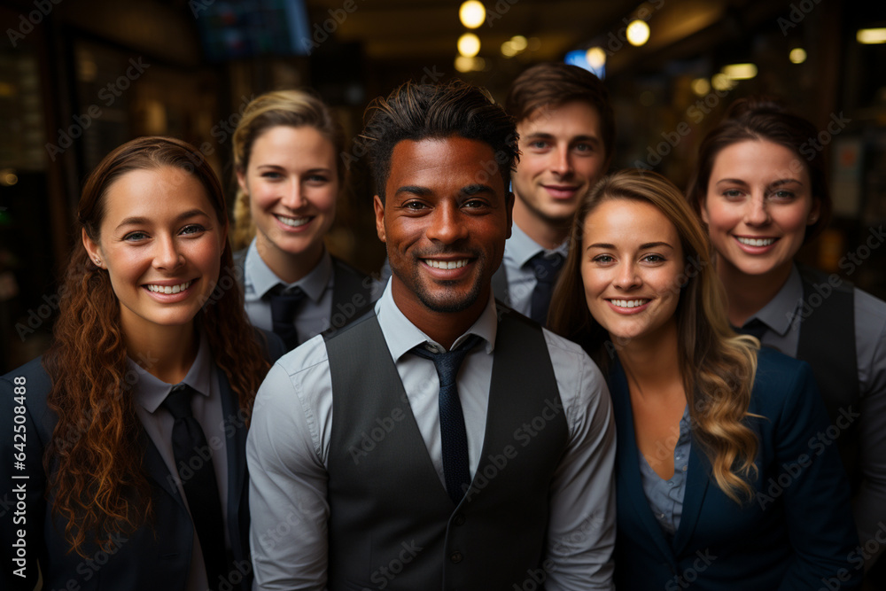 Ai Generative group of happy business man and business women, dressed in suits are smiling, in the office