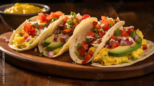 Spicy Tacos with various Ingredients lined up on a Plate. Commercial Kitchen Backdrop