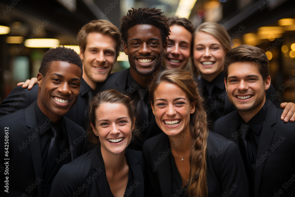 Ai Generative group of happy business man and business women, dressed in suits are smiling, in the office