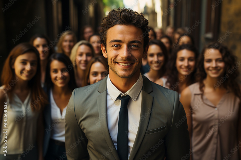 Ai Generative group of happy business man and business women, dressed in suits are smiling, in the office Ai Generative group of happy business man and business women, dressed in suits are smiling, in the office