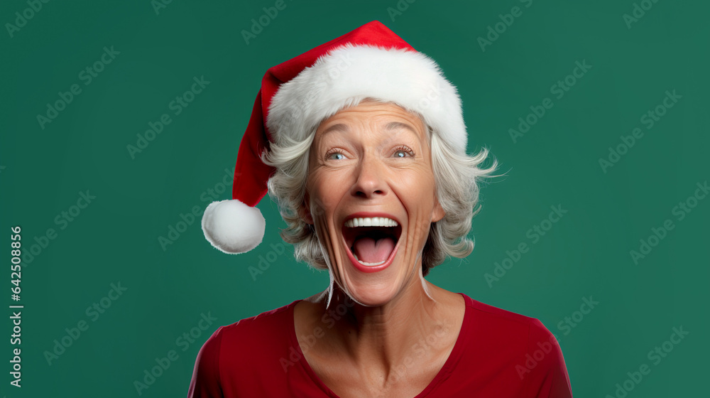 Happy Laughing Mature Woman Wearing a Santa Hat for Christmas on green background Happy Laughing Mature Woman Wearing a Santa Hat for Christmas on green background