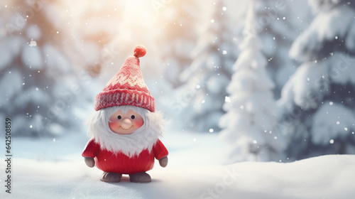 Fairytale Christmas gnome on winter background with space for text