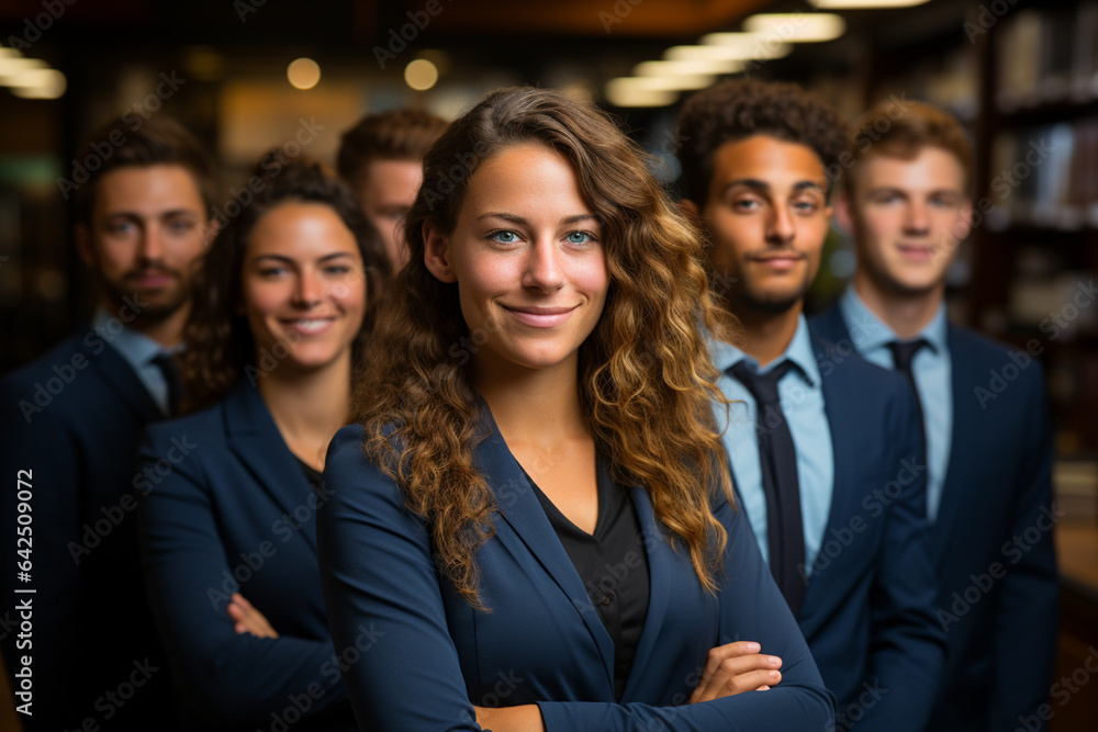 Ai Generative group of happy business man and business women, dressed in suits are smiling, in the office Ai Generative group of happy business man and business women, dressed in suits are smiling, in the office