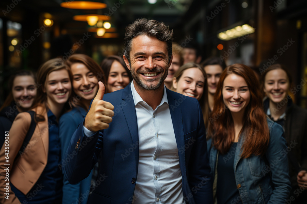 Ai Generative group of happy business man and business women, dressed in suits are smiling, in the office