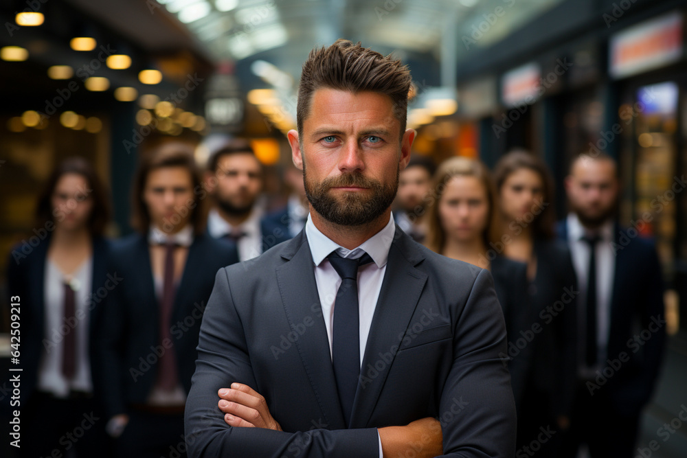 Ai Generative group of happy business man and business women, dressed in suits are smiling, in the office Ai Generative group of happy business man and business women, dressed in suits are smiling, in the office