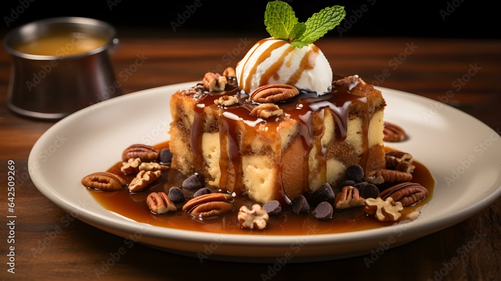 Close up of Bread Pudding with Raisins and Pecans on a Plate. Commercial Kitchen Backdrop Close up of Bread Pudding with Raisins and Pecans on a Plate. Commercial Kitchen Backdrop