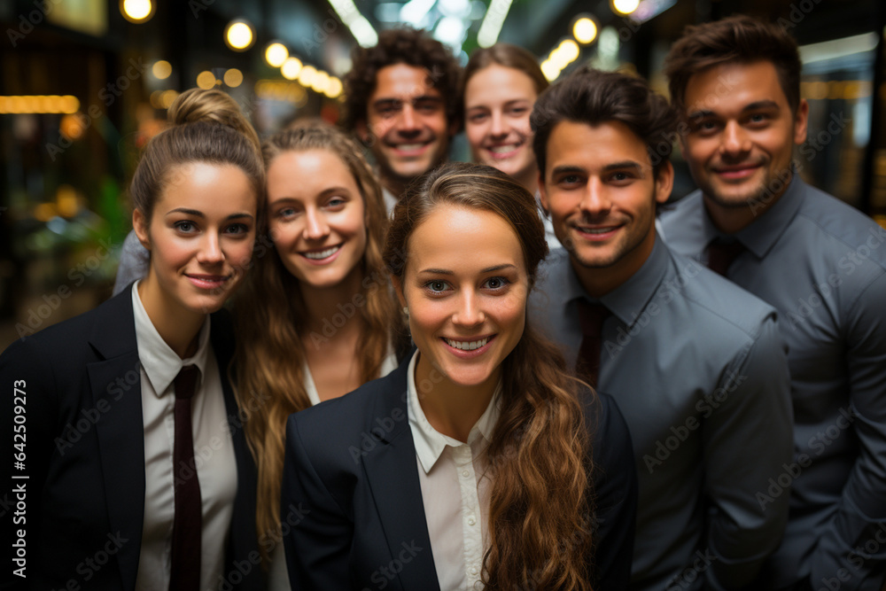Ai Generative group of happy business man and business women, dressed in suits are smiling, in the office Ai Generative group of happy business man and business women, dressed in suits are smiling, in the office