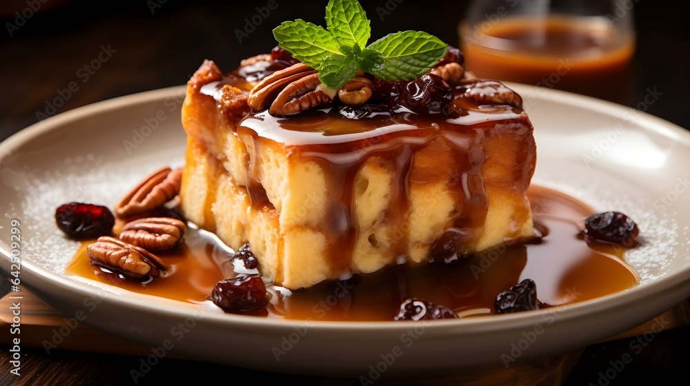 Close up of Bread Pudding with Raisins and Pecans on a Plate. Commercial Kitchen Backdrop Close up of Bread Pudding with Raisins and Pecans on a Plate. Commercial Kitchen Backdrop