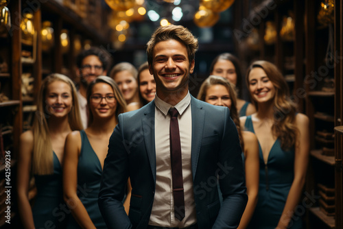 Ai Generative group of happy business man and business women, dressed in suits are smiling, in the office