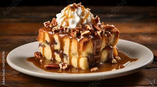 Close up of Bread Pudding with Raisins and Pecans on a Plate. Commercial Kitchen Backdrop