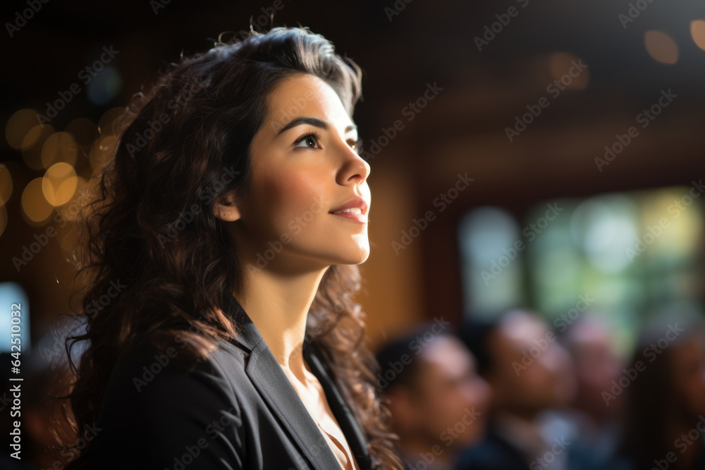 Close up Portrait of young Businesswoman attending a leadership business conference, listening to Motivational inspiring confident speakers and gaining insights into effective practices Event. Close up Portrait of young Businesswoman attending a leadership business conference, listening to Motivational inspiring confident speakers and gaining insights into effective practices Event.