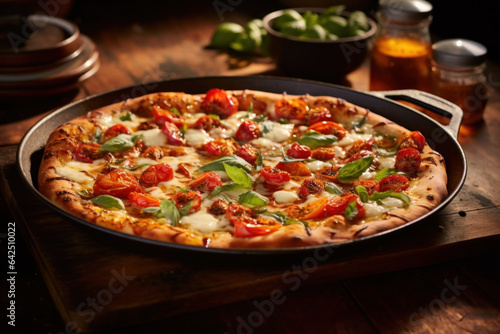 Pepperoni pizza, Homemade kitchen, gourmet concept. Close-up view photography of Delicious and tasty rustic Italian Pizza with malt mozzarella cheese tomatoes salami pepper Spices on a wooden board.