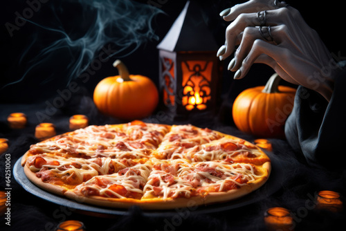 Pepperoni pizza, Homemade, Halloween concept. Close-up view photography of Delicious and tasty Italian Pizza with malt mozzarella cheese tomatoes. Halloween pumpkin candle lantern cinematic scene.