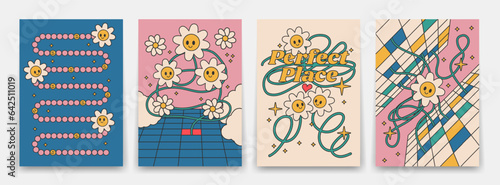 Collection of bright groovy posters 70s. Retro poster with psychedelic flower, vintage prints