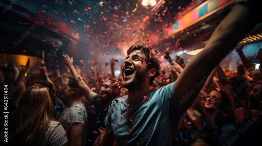 Friends having fun by popping confetti balls at house party.