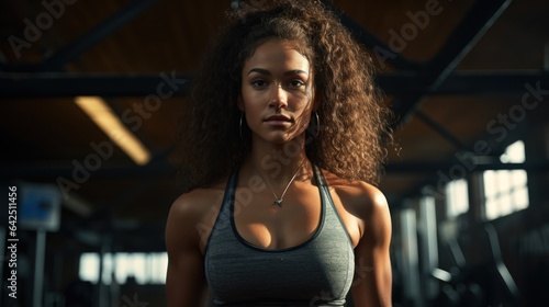 A woman waiting to lift weights in the gym.