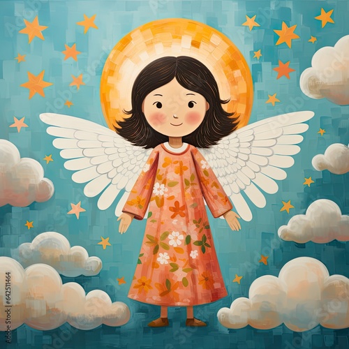 Cute girl angel, oil painting in a naive style. AI generated photo