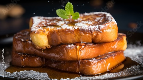 Close up of stacked French Toast with powdered Sugar and Maple Syrup. Commercial Kitchen Backdrop