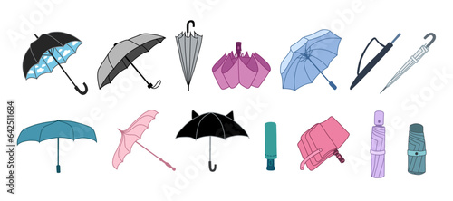 Set cartoon umbrellas. Open, close and folded umbrella. Vector illustrations on transparent background