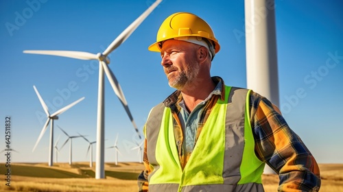 An engineer inspecting turbines at a wind farm.