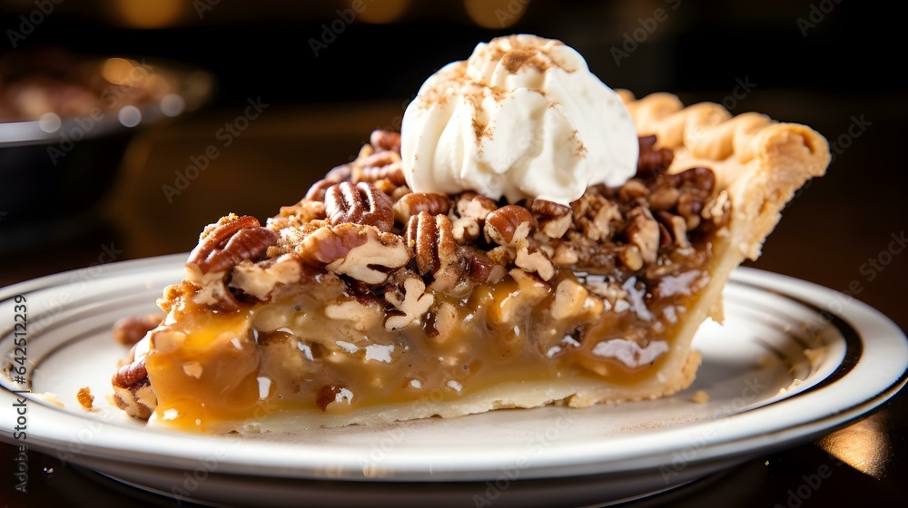 Close up of a Slice of Pecan Pie with whipped Cream on a Plate. Commercial Kitchen Backdrop Close up of a Slice of Pecan Pie with whipped Cream on a Plate. Commercial Kitchen Backdrop