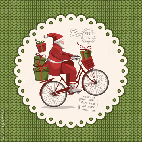Santa on a Bicycle. Knitted green background. Vector illustration