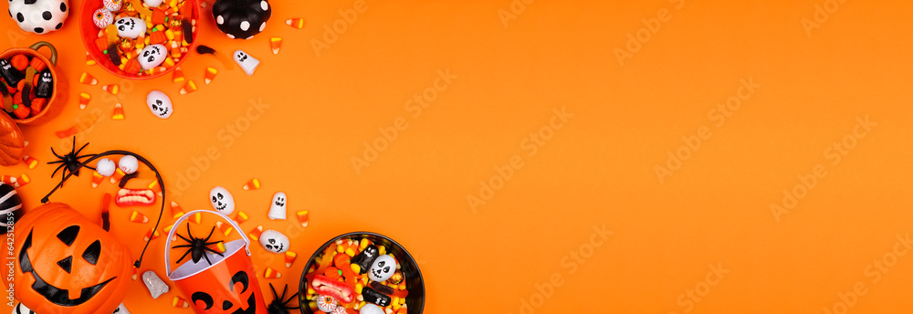Halloween trick or treat corner border with jack o lantern pails and a ...