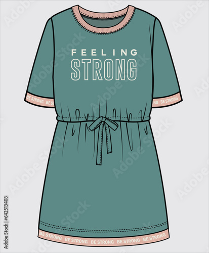 TRENDY SPORTY TERRY DRESS WTH TEXT TAPE DETAIL FOR TEEN AND KID GIRLS IN EDITABLE VECTOR FILE