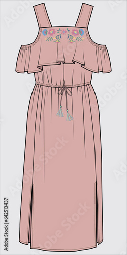 RUFFLED EMBRIDERY LONG SUMMER DRESS FOR WOMEN AND TEEN GIRLS IN EDITABLE VECTOR FILE