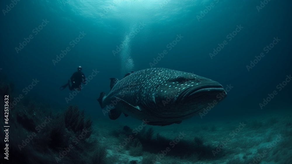 Fictitious diver swims alongside a giant grouper AI generative Fictitious diver swims alongside a giant grouper AI generative